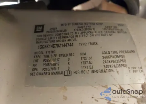 2008 Chevrolet Silverado 1500 Work Truck from USA, damaged, VIN 1GCEK14C78Z144744